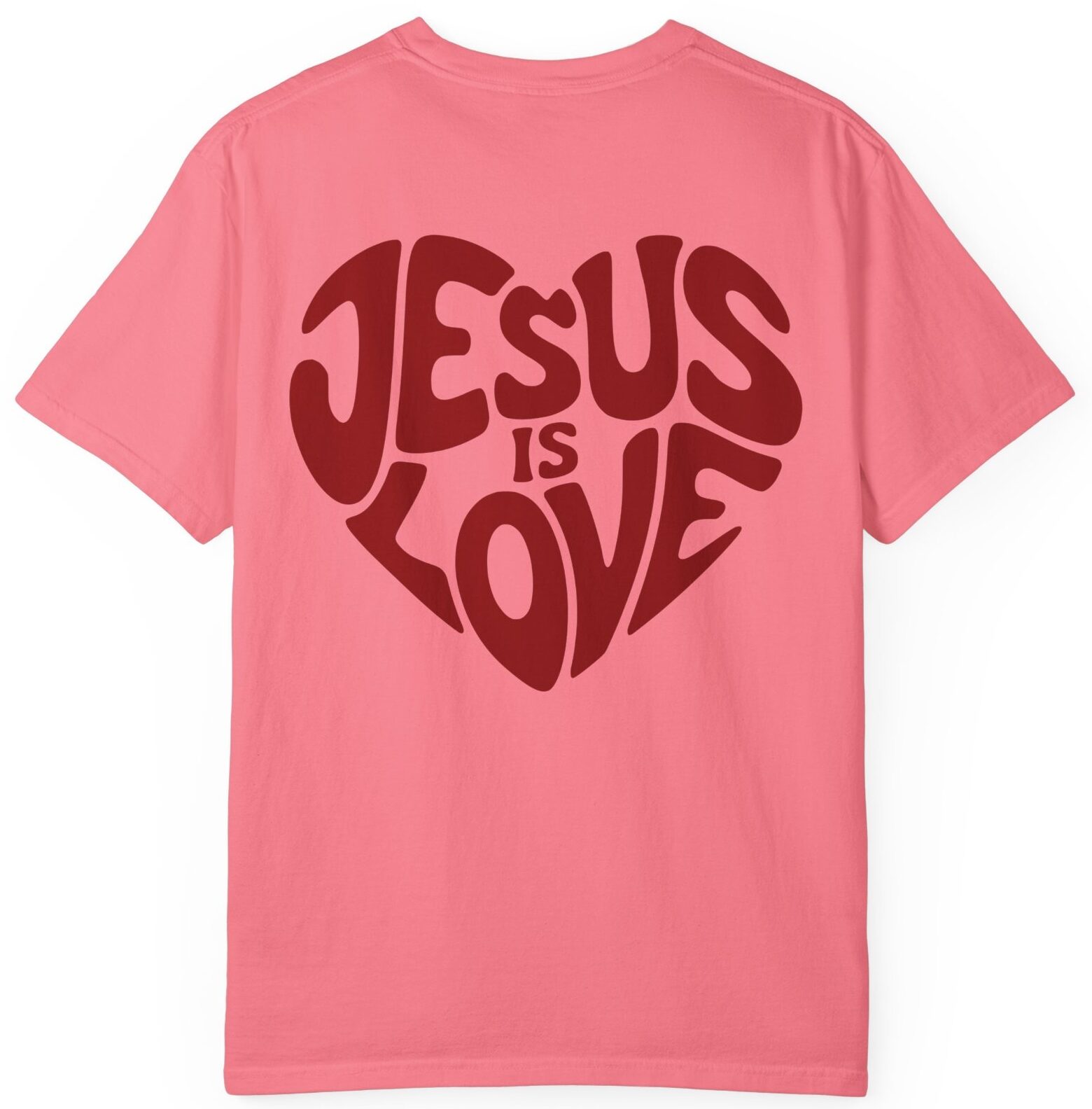 Peony pink Comfort Colors Jesus is Love Christian t-shirt with a red printed heart that forms the words "Jesus is Love".