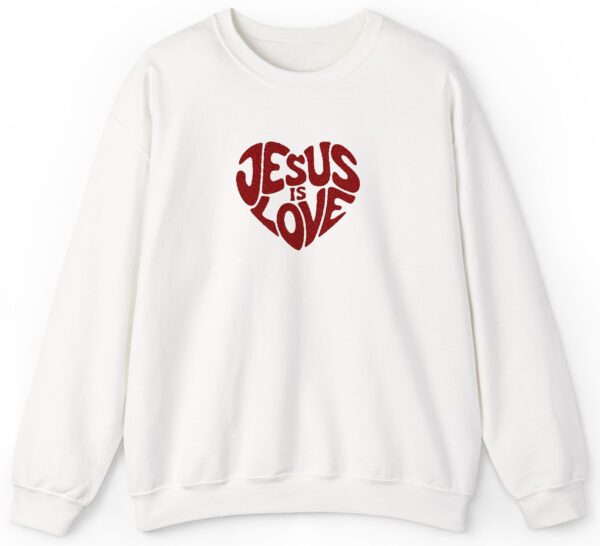 White Gildan Jesus is Love Christian Embroidered Sweatshirt with a dark red embroidered heart that forms the words "Jesus is Love".
