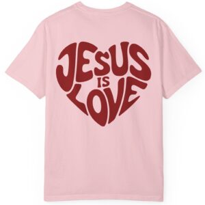 Light pink Comfort Colors Jesus is Love Christian t-shirt with a red printed heart that forms the words "Jesus is Love".