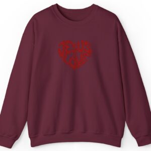 Maroon Gildan Jesus is Love Christian Embroidered Sweatshirt with a dark red embroidered heart that forms the words "Jesus is Love".