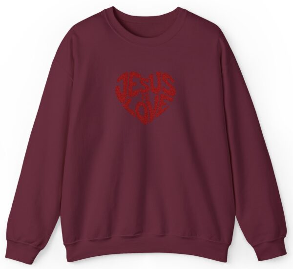 Maroon Gildan Jesus is Love Christian Embroidered Sweatshirt with a dark red embroidered heart that forms the words "Jesus is Love".