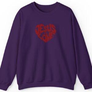 Purple Gildan Jesus is Love Christian Embroidered Sweatshirt with a dark red embroidered heart that forms the words "Jesus is Love".