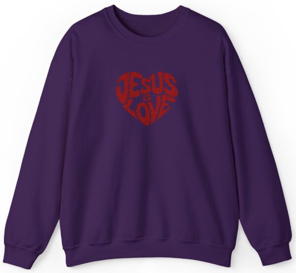Purple Gildan Jesus is Love Christian Embroidered Sweatshirt with a dark red embroidered heart that forms the words "Jesus is Love".