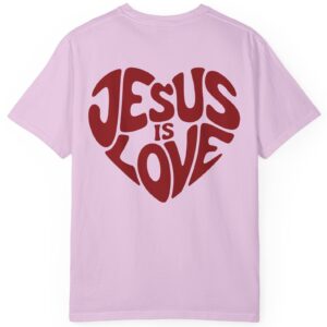 Orchid lavender Comfort Colors Jesus is Love Christian t-shirt with a red printed heart that forms the words "Jesus is Love".