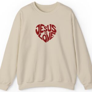 Sand Gildan Jesus is Love Christian Embroidered Sweatshirt with a dark red embroidered heart that forms the words "Jesus is Love".