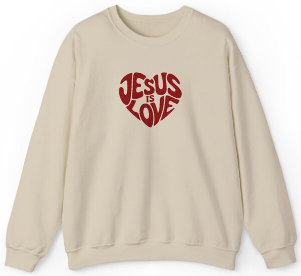 Sand Gildan Jesus is Love Christian Embroidered Sweatshirt with a dark red embroidered heart that forms the words "Jesus is Love".