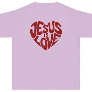 Lavender Jesus is Love Kids written in a heart shape in red Comfort Colors Christian T-Shirt.