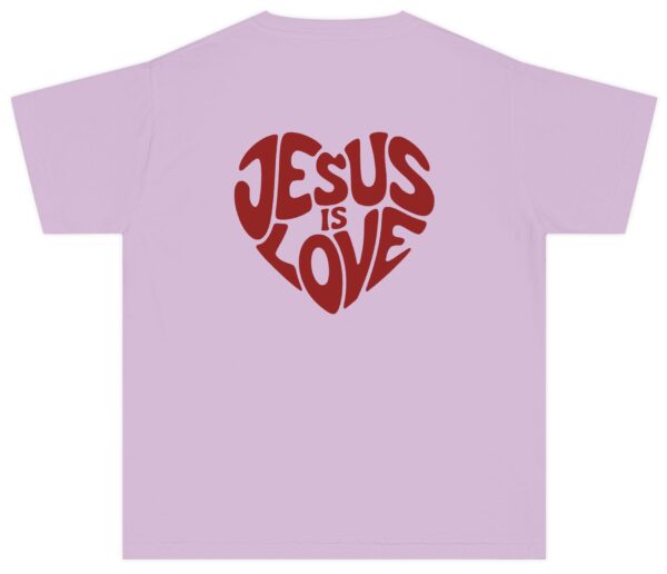 Lavender Jesus is Love Kids written in a heart shape in red Comfort Colors Christian T-Shirt.