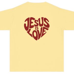 Butter yellow Jesus is Love Kids written in a heart shape in red Comfort Colors Christian T-Shirt.
