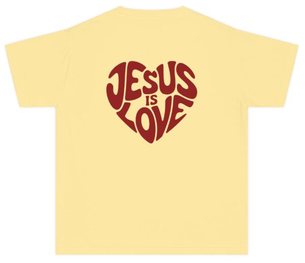 Butter yellow Jesus is Love Kids written in a heart shape in red Comfort Colors Christian T-Shirt.