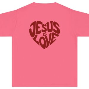 Pink Jesus Is Love written in the shape of a heart in red Christian Kids T-Shirt.