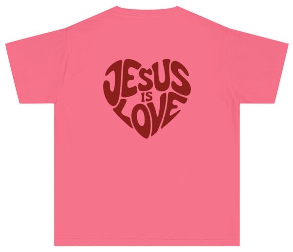 Pink Jesus Is Love written in the shape of a heart in red Christian Kids T-Shirt.