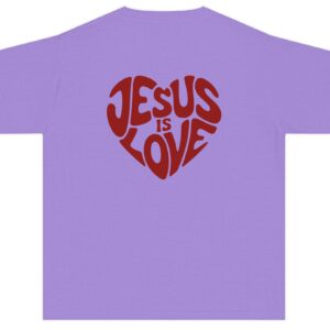 Purple Jesus is Love Kids written in a heart shape in red Comfort Colors Christian T-Shirt.