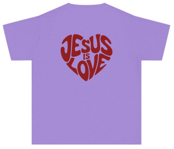 Purple Jesus is Love Kids written in a heart shape in red Comfort Colors Christian T-Shirt.