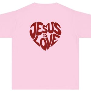 Pink Jesus is Love Kids written in a heart shape in red Comfort Colors Christian T-Shirt.