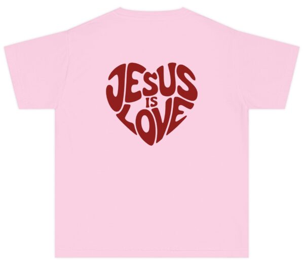 Pink Jesus is Love Kids written in a heart shape in red Comfort Colors Christian T-Shirt.