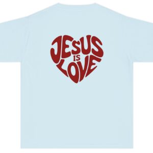 Light blue Jesus is Love Kids written in a heart shape in red Comfort Colors Christian T-Shirt.