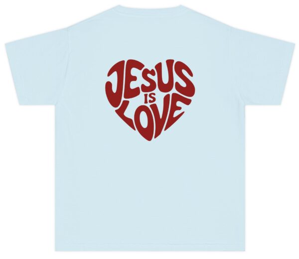 Light blue Jesus is Love Kids written in a heart shape in red Comfort Colors Christian T-Shirt.