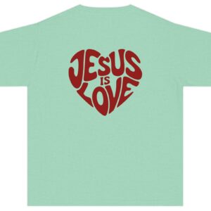 Island reef green Jesus is Love Kids written in a heart shape in red Comfort Colors Christian T-Shirt.