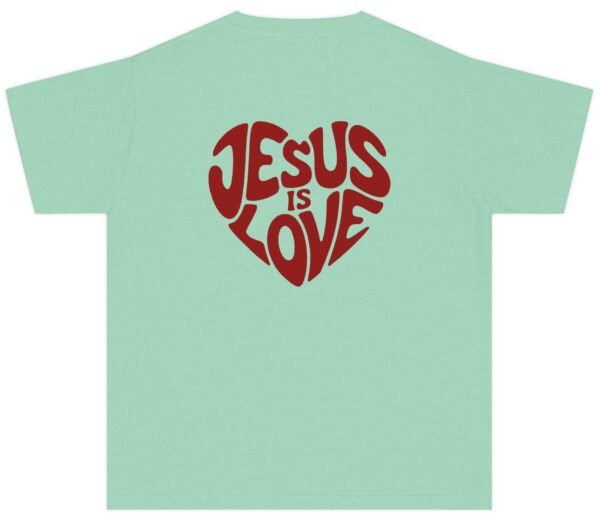 Island reef green Jesus is Love Kids written in a heart shape in red Comfort Colors Christian T-Shirt.