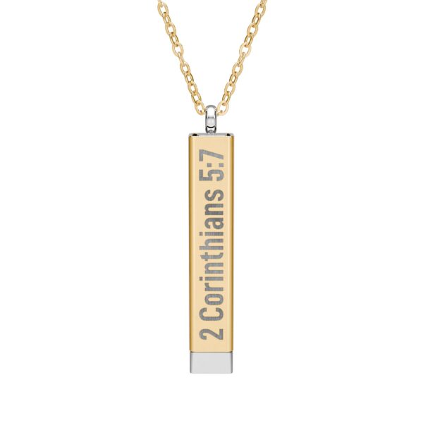 Model of Christian Sliding Bar Necklace - 2 Corinthians 5:7 - Hidden Scripture Jewelry - Gold & Stainless Steel Faith Necklace 1