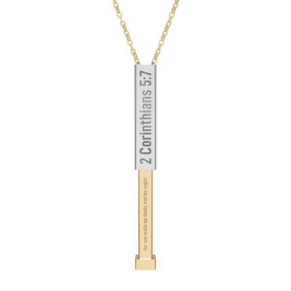 Model of Christian Sliding Bar Necklace - 2 Corinthians 5:7 - Hidden Scripture Jewelry - Gold & Stainless Steel Faith Necklace 6