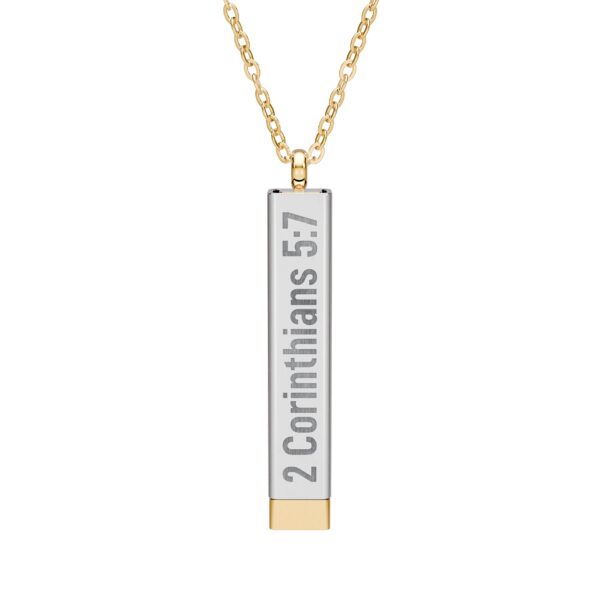 Model of Christian Sliding Bar Necklace - 2 Corinthians 5:7 - Hidden Scripture Jewelry - Gold & Stainless Steel Faith Necklace 4