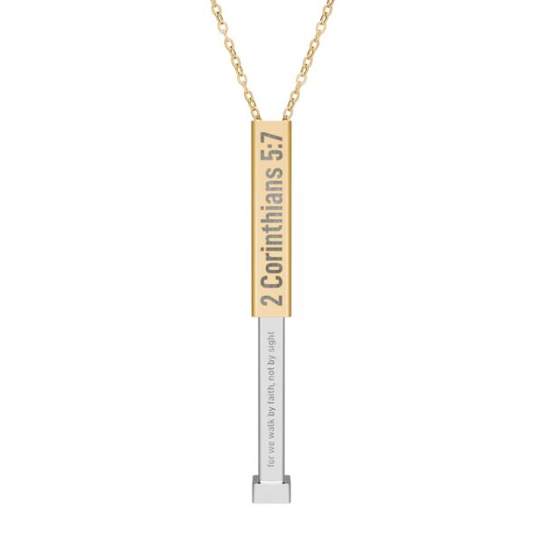 Model of Christian Sliding Bar Necklace - 2 Corinthians 5:7 - Hidden Scripture Jewelry - Gold & Stainless Steel Faith Necklace 2