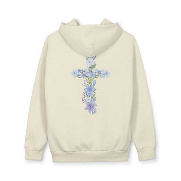 Model of Rooted in Love Christian Hoodie - Deeply Loved Lavender Flower Cross Sweatshirt 1