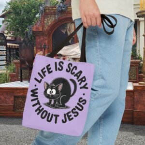 Life Is Scary Without Jesus Christian Tote Bag - Black Cat Canvas Tote Bag - Image 5