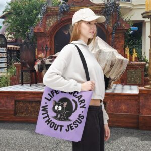 Life Is Scary Without Jesus Christian Tote Bag - Black Cat Canvas Tote Bag - Image 3
