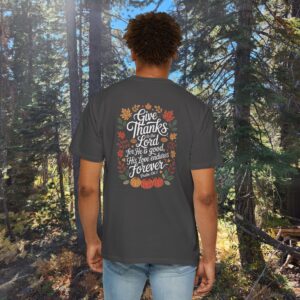 Give Thanks to the Lord Fall Christian T-Shirt - Psalm 136:1 - Image 2