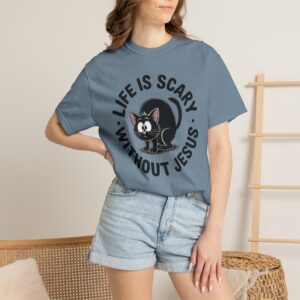 Life Is Scary Without Jesus Christian T-Shirt - Scared Black Cat Tee - Image 10