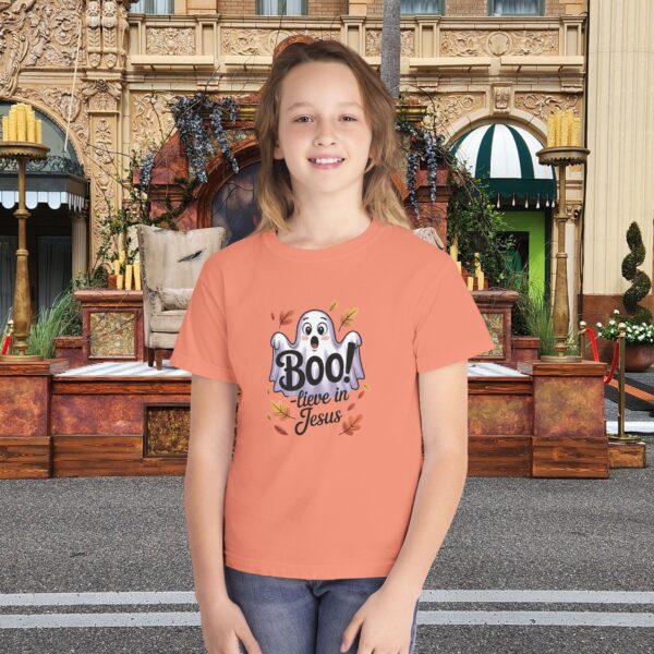 Boo-lieve in Jesus Kids Tee – Fall Christian Shirt Sizes XS to XL 21 Model of Boo-lieve in Jesus Kids Tee – Fall Christian Shirt Sizes XS to XL 20