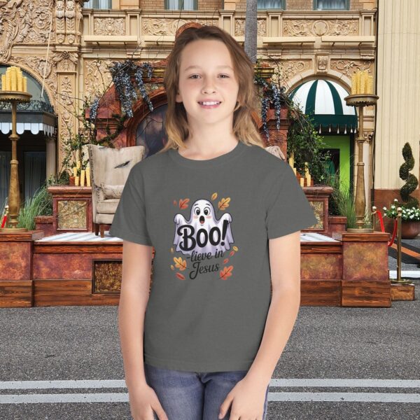 Boo-lieve in Jesus Kids Tee – Fall Christian Shirt Sizes XS to XL 19 Model of Boo-lieve in Jesus Kids Tee – Fall Christian Shirt Sizes XS to XL 18