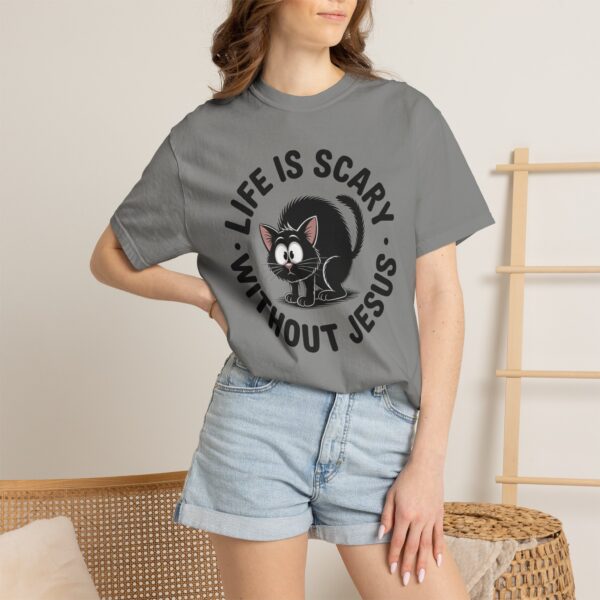 Model of Life Is Scary Without Jesus Christian T-Shirt - Scared Black Cat Tee 20