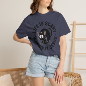 Life Is Scary Without Jesus Christian T-Shirt - Scared Black Cat Tee - Image 16
