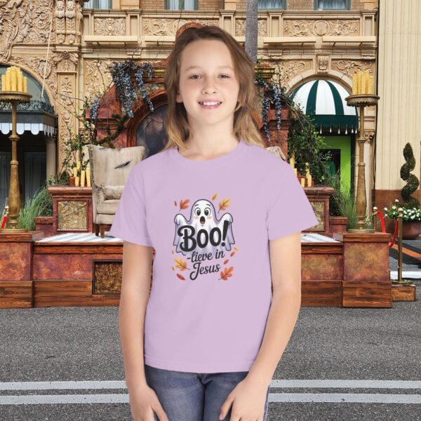 Boo-lieve in Jesus Kids Tee – Fall Christian Shirt Sizes XS to XL 17 Model of Boo-lieve in Jesus Kids Tee – Fall Christian Shirt Sizes XS to XL 16