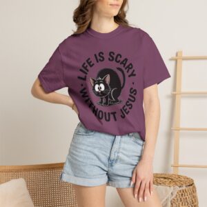 Life Is Scary Without Jesus Christian T-Shirt - Scared Black Cat Tee - Image 7