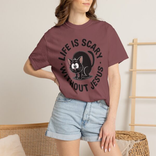 Model of Life Is Scary Without Jesus Christian T-Shirt - Scared Black Cat Tee 4