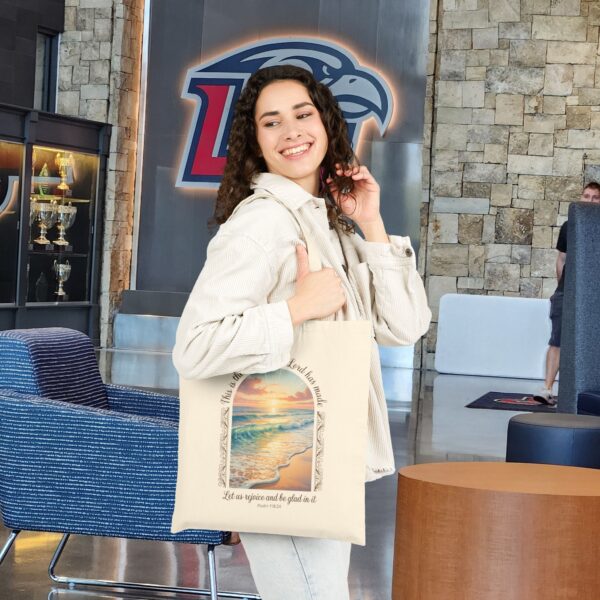 This is the Day the Lord Has Made Canvas Tote Bag – Psalm 118:24 Beach Sunrise Christian Tote Bag 3 Model of This is the Day the Lord Has Made Canvas Tote Bag – Psalm 118:24 Beach Sunrise Christian Tote Bag 2