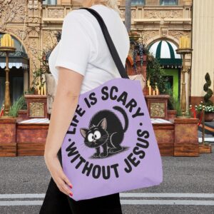 Life Is Scary Without Jesus Christian Tote Bag - Black Cat Canvas Tote Bag - Image 2