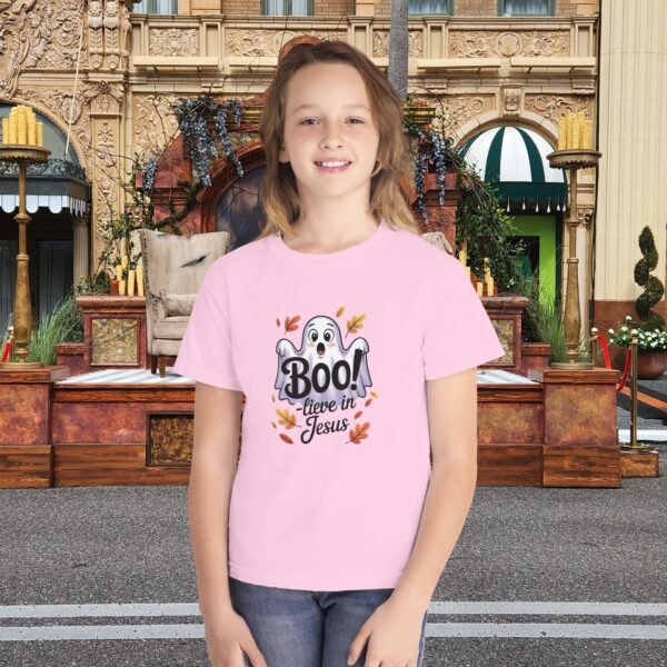 Boo-lieve in Jesus Kids Tee – Fall Christian Shirt Sizes XS to XL 7 Model of Boo-lieve in Jesus Kids Tee – Fall Christian Shirt Sizes XS to XL 6