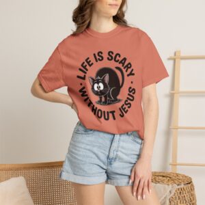 Life Is Scary Without Jesus Christian T-Shirt - Scared Black Cat Tee - Image 5