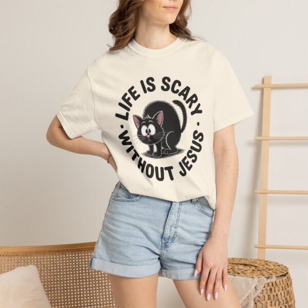 Model of Life Is Scary Without Jesus Christian T-Shirt - Scared Black Cat Tee 24