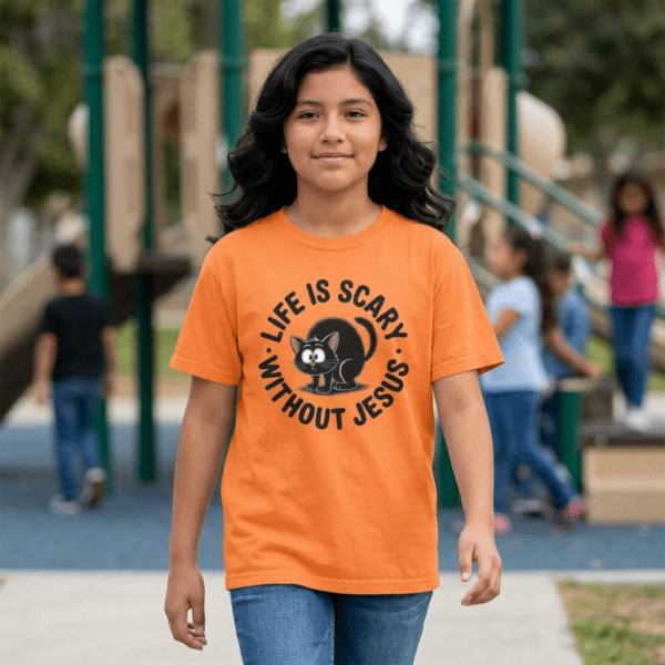 20260723221026-1f186e34-ec4c-61fa-be06-926b11b74fd4.png Model of Kids Life is Scary Without Jesus Christian Shirt 1