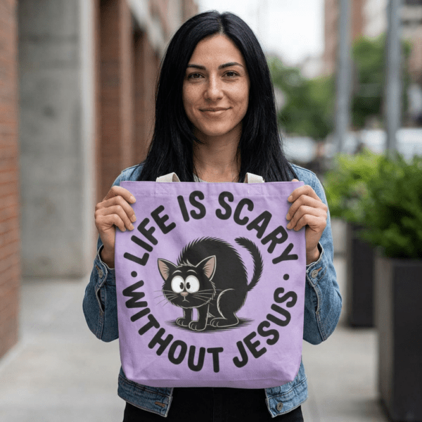 Model of Life Is Scary Without Jesus Christian Tote Bag - Black Cat Canvas Tote Bag 1