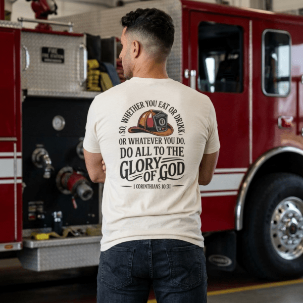 Model of Christian Firefighter T-Shirt 1 Corinthians 10:31 - Do All to the Glory of God 1