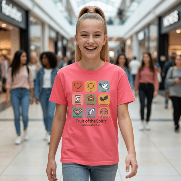 Fruit of the Spirit Kid's Christian T-Shirt 3 Model of Fruit of the Spirit Kid's Christian T-Shirt 2