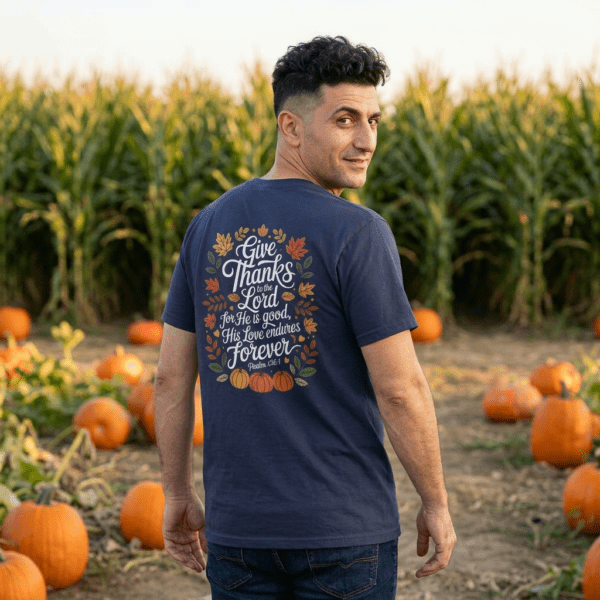 Model of Give Thanks to the Lord Fall Christian T-Shirt - Psalm 136:1 1